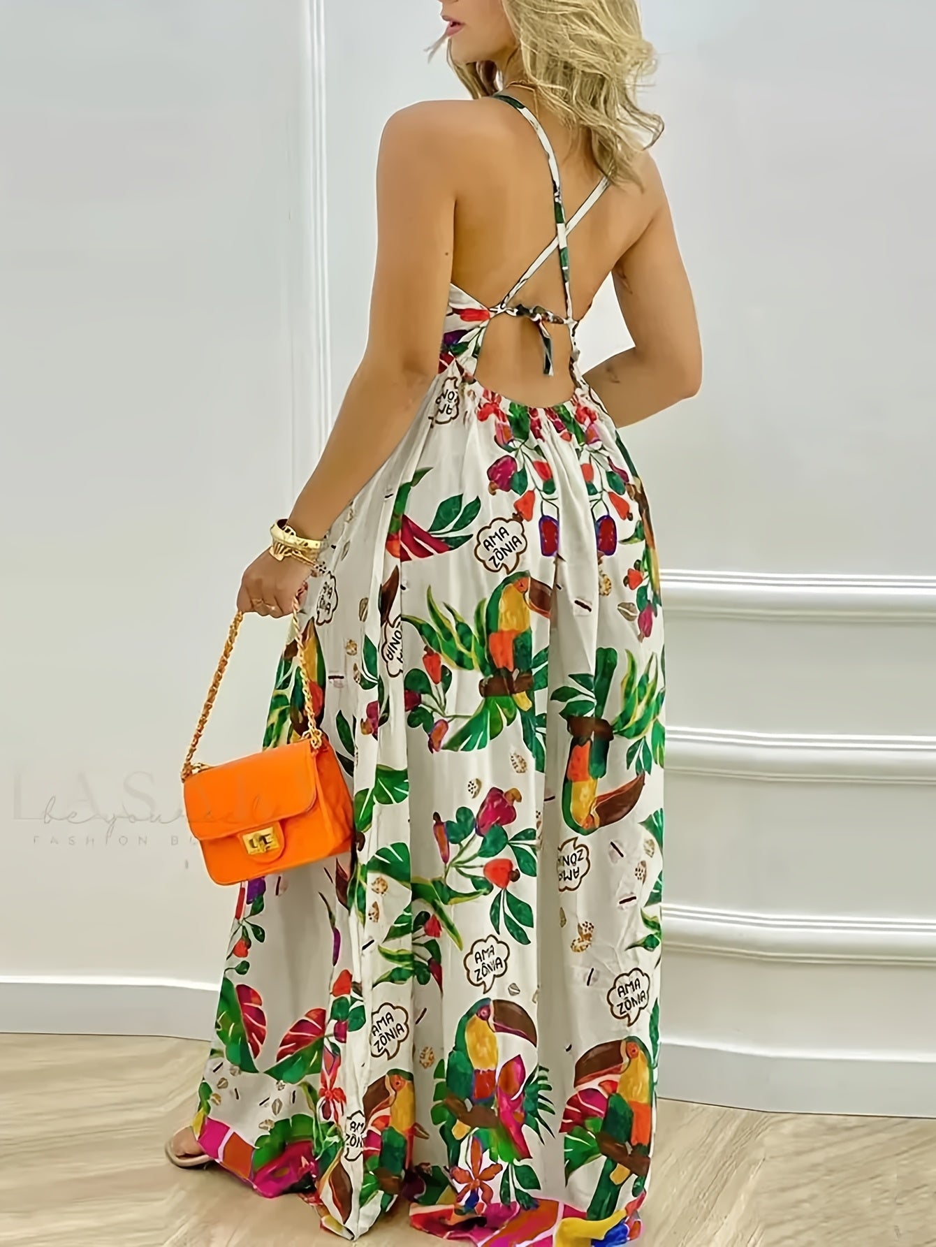 Elegant Summer V-Neck Sleeveless Maxi Dress for Women - Tropical Print with Lace-Up Back Detail, Pleated Design, Machine Washable Polyester